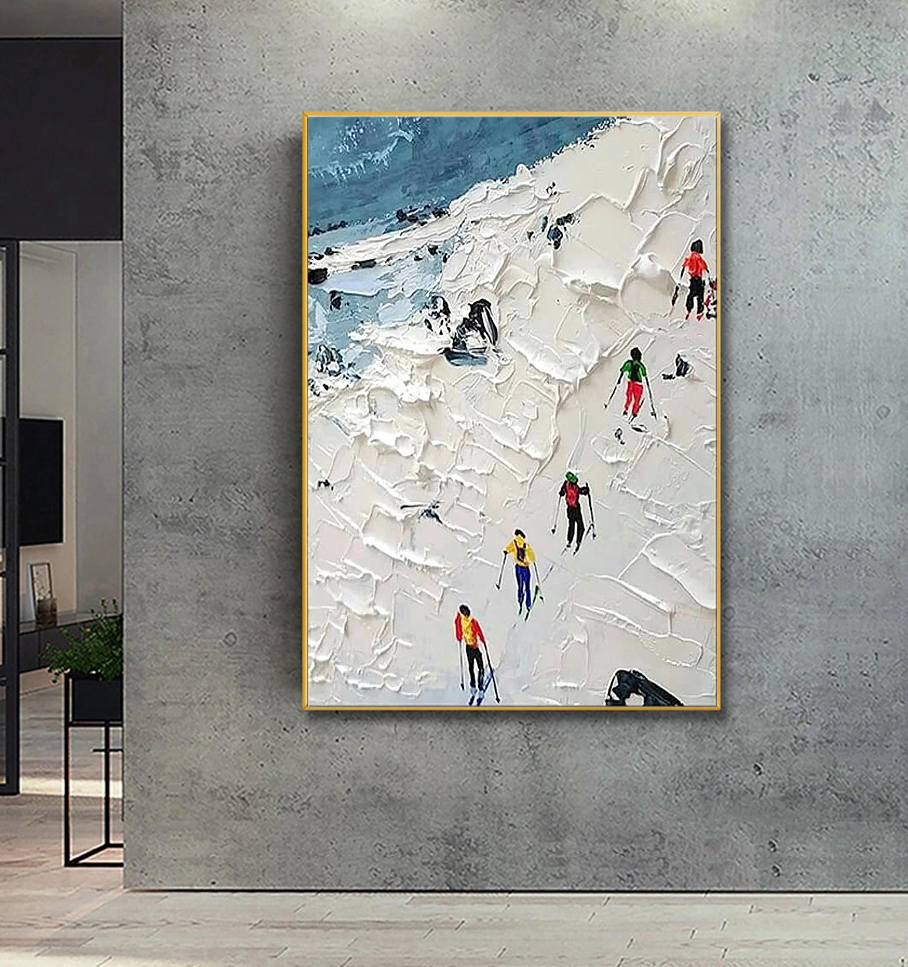 Esquiador en Snowy Mountain sky sport por Palette Knife pared arte minimalismo textura Pintura al óleo